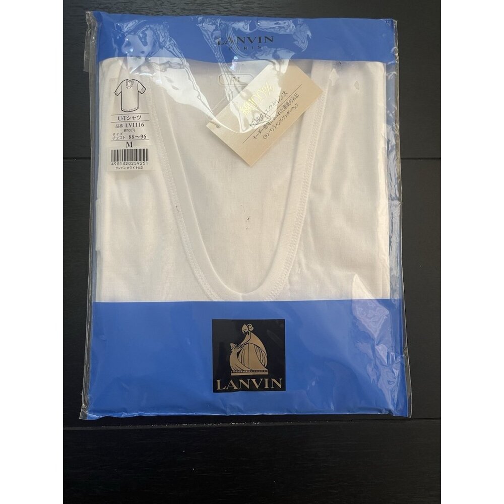 LANVIN Paris White V-neck Short Sleeve T-Shirt Japan Men Size Medium 100% Cotton